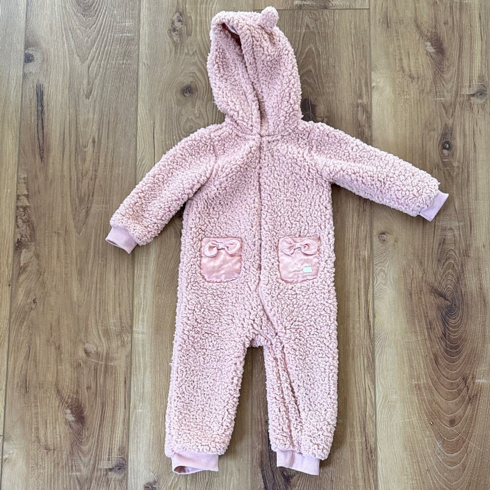 Baby Girl’s Pink Plush Hooded One-Piece Coverall 18 Months
